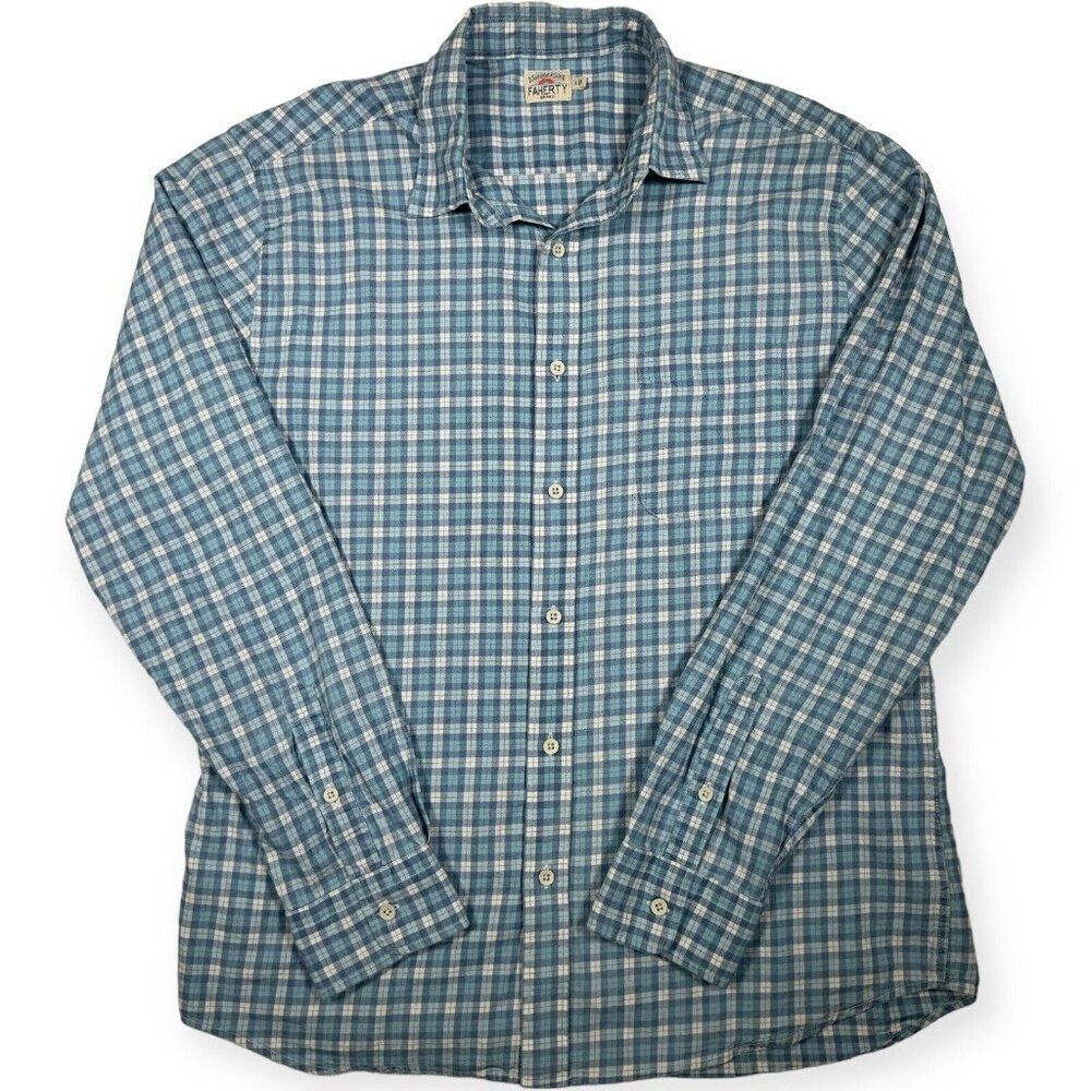 Faherty Button Up Long Sleeve Shirt‎ Men's Size Large Plaid Blue